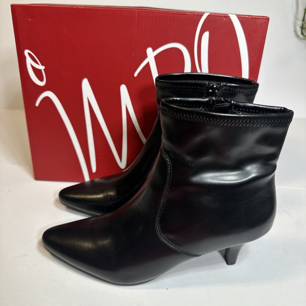 Impo "Nixxie"Black Stretch Faux Leather Kitten Heel Ankle Boot Comfy  6M